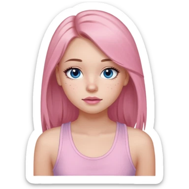 Create a TEENAGE girl with LONG and straight light brunette hair with a middle part, light skin, light freckles, and blue-gray eyes. She will have pink lips and LONG eyelashes. She will be wearing a light pink tank top sticker