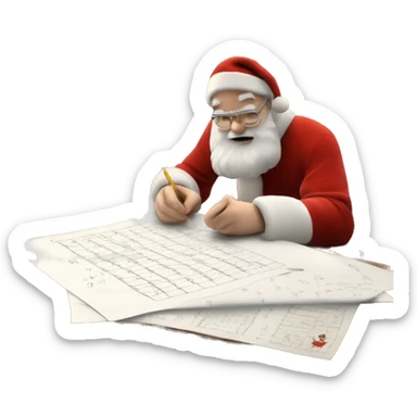 White Father Christmas is sitting on a desk, writing something down on a sheet of paper, solving complicated math puzzles, you can see the math tasks/ exercises sticker