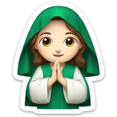 Serene and kind face pale skin with with brown hair. Wearing an emerald green  robe and white veil. Hands in prayer or blessing. Halo around her head. Often standing on a crescent moon.  sticker