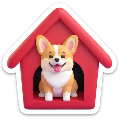 Refine the corgi in the doghouse so its fur, shading, and overall texture exactly match the original 3D emoji style—smooth, slightly glossy, and realistic, with the same lighting and material feel as the original dog. Keep the red house and pose unchanged. sticker
