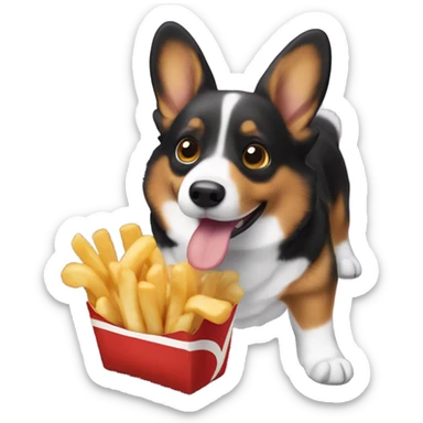 Black corgi with one floppy ear eating a french fry sticker