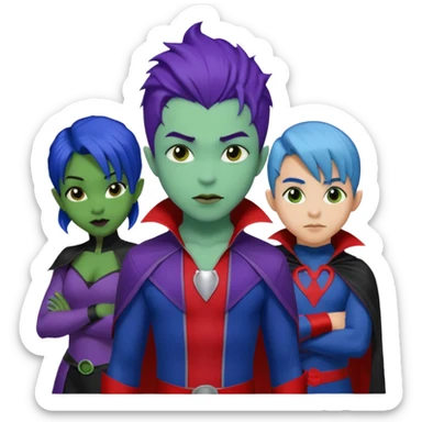 Solo poly platonic relationship, one African girl, one Asian boy, one biracial features Asian tomboy girl rat-tail hair long and upper masculine hair 90s, vampire and marvel cosplay elements inspired  use marvel race, like instead of obvious human, green purple blue etc,  sticker