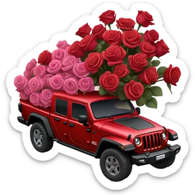 Realistic Red Jeep Gladiator with the truck bed full of different shades of red and pink roses. sticker