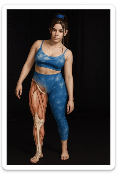 Create a realistic anatomical illustration inspired by the reference photo of the same woman in the same pose. Highlight the right leg (her right, on the left side of the image) as the weight-bearing leg, with anatomical details (muscles and bones) visible only on that leg. The rest of the body should remain realistic. Vary the anatomical emphasis on the highlighted leg for educational variety, showing different muscle or bone details. sticker