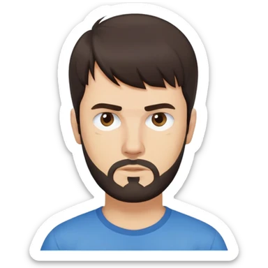 Caucasian Argentine man with straight dark brown hair, loose hairstyle with bangs, short full beard, serious-neutral expression, basic blue t-shirt sticker