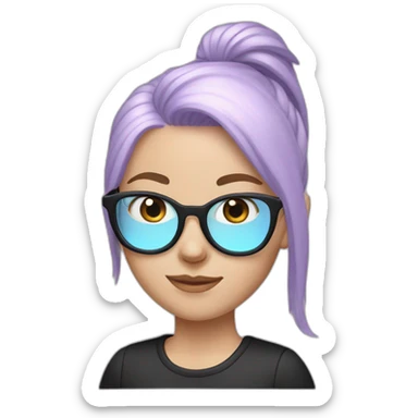 White girl with light purple hair with Ponytail and pastel pink and pastel blue glasses with a black shirt sticker