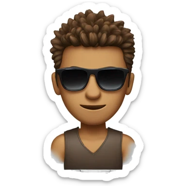 Person with faux hawk brown hair and sunglasses behind a laptop sticker