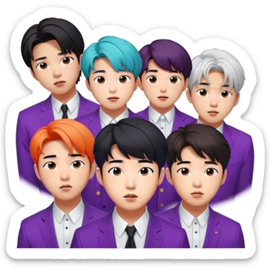 Cinematic Realistic group portrait of BTS featuring all 7 members in stylish modern attire, with detailed facial expressions and vibrant colors, captured in dynamic, contemporary lighting that emphasizes their global pop icon status sticker