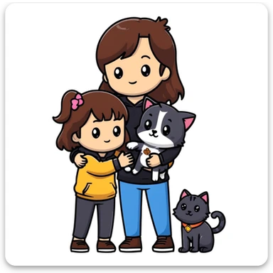 A girl with long brown hair holding the hand of a boy with black hair, both dressed in black, holding a cat and dog sticker