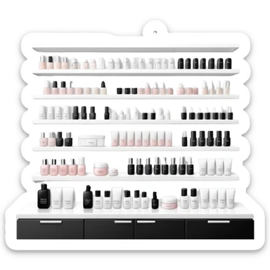 big beauty salon showcase with well-organized brand-labeled beauty products on a white shelves, monochrome sticker