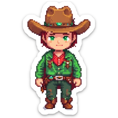 Cowboy character with green outfit and hat, western style sticker