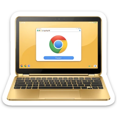 Golden Chromebook with a Touchpad and the Google app open on the screen. sticker