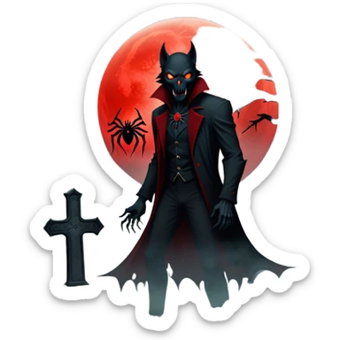 Icon for Horror Movies: A chilling collage with a monstrous werewolf or vampire, dark silhouettes, eerie graveyards, and creepy elements like spiders and tombstones. Ghostly fog surrounds, with a blood-red moon in the sky. The atmosphere is unsettling, eerie, and haunting. Transparent background. sticker