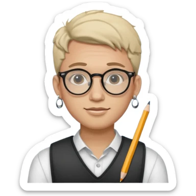 A man in his 20s wearing an apnotebook, wearing radio earrings, round glasses, achromatic clothes sticker