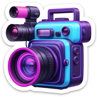 videographer's camera in pink and light blue colors, with neon glow lines, blue neon light on top left, purple neon light on bottom right sticker