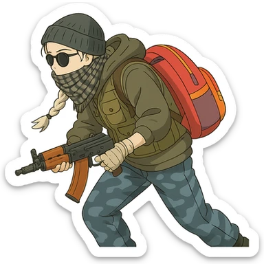 1 female, long white braid, knit cap, dark sunglasses, shemegh neckwrap, fishing vest, vibrant shool backpack, drab hoodie, handwraps, blue camo pants, AKS-74U, hunched over, on the move sticker