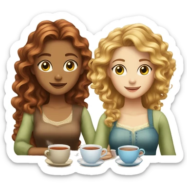 Three fair-skinned girls, a blonde with curly hair and gray eyes, a redhead with green eyes and long hair and a brown-haired woman with long hair and blue eyes are drinking tea sticker