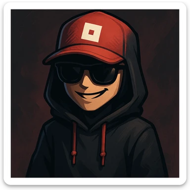 Coolkid, the infamous Roblox hacker, depicted as a mysterious figure with a red Roblox cap, sunglasses, and a hoodie, exuding a cool and mischievous vibe, in a modern digital art style sticker