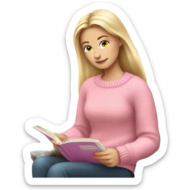 Pretty white girl with pink sweater reading cozy sticker