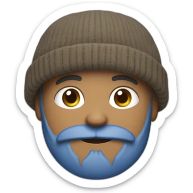 a dirty white man wearing a blue beanie pulled down low, with a grizzly grey beard sticker