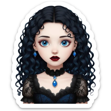 A girl with a dark red goth vampire look in a black goth lace dress with long sleeves longer black curly hair sticker