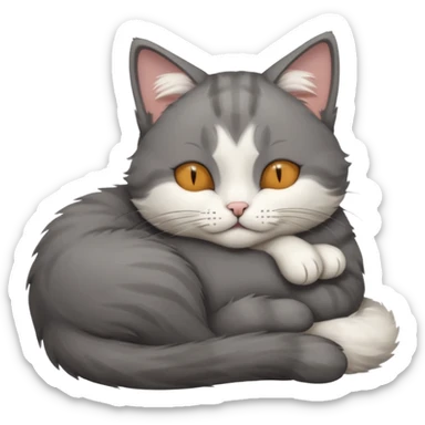 dark grey and white small cat with eyes closed, leaning his head on his paw while leaning on his elbow lying down sticker