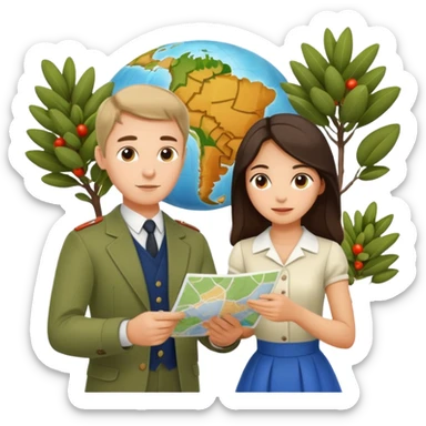 Russian man and elegant spanish girl in cute outfits with a map planning plants sticker