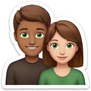 A boyfriend with light brown hair and green eyes next to his girlfriend with dark brown hair and dark brown eyes both are white sticker