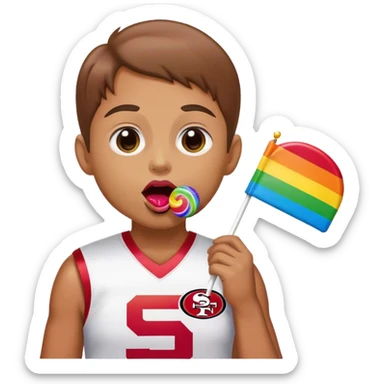 Gay pride 49ers fan licking rainbow lollipop and holding rainbow flag sticker