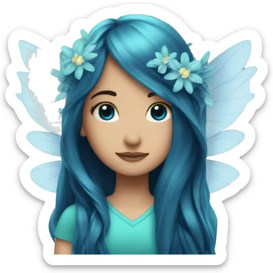 Beautiful, flower, fairy, blue, turqoise, silver, navy, long hair, big wings sticker
