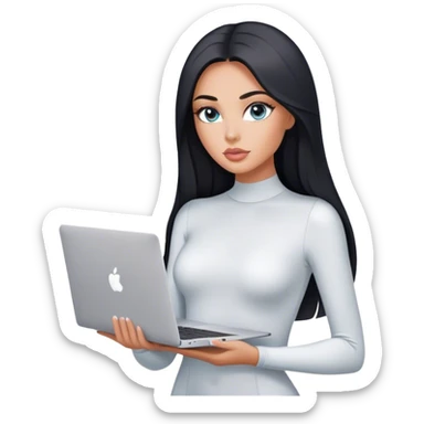 Glamours, tanned, very beautiful girl, with big pump peach-beige-rose lips, black straight smooth silky long hair, straight parting, blue-grey eyes, in white bodysuit holding MacBook sticker