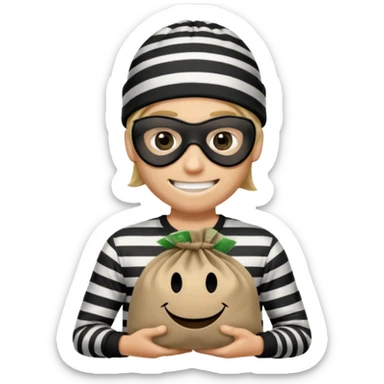 smiley robber wears black eye mask, black beanies and black and white stibes shirt with one brown money bag beside him sticker