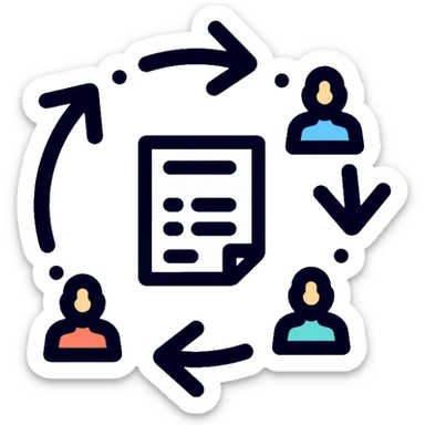 Management system with feedback loops, circular arrows connecting documents and people, business process with data flowing back sticker