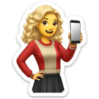 woman with blonde hair, back view, red bow in her hair, dressed in sweater and skirt, holding a smartphone to take a mirror selfie, She has a small red handbag with a gold strap over her shoulder sticker