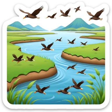 A 3D cartoon estuary with birds flying over shallow water and grassy banks, calm mood, Memoji-style realism. sticker