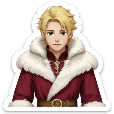 Medieval winter outfit worn by a DnD themed fantasy male character. Thick crimson wool tunic with white fox fur trim, featuring carved ivory toggles and a wide leather belt with bronze buckle. Clothes only above the waist, full waist coverage. The character has no arms. Character is white-skinned with honey gold hair, storm-cloud gray eyes, and medium-length tousled hair with icy highlights. sticker