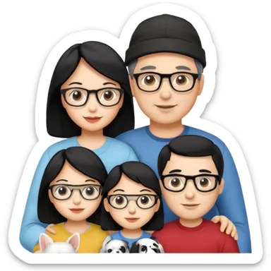 (Mom black hair with glasses, Dad black hair with cap, Daughter black hair with glasses, white Dog) sticker