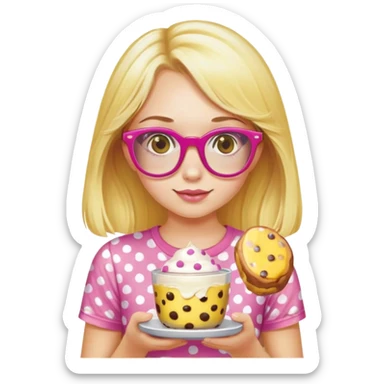 a girl with long lashes, long blonde hair, wearing "yellow polka dot t-shirt" and pink glasses, holding a pudding sticker