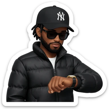 African American man with shoulder length black dreadlocks with black beard wearing black sunglasses wearing a black New York Yankees logo baseball cap wearing a black bubble winter coat wearing a wrist watch looking at the time on his wrist watch sticker