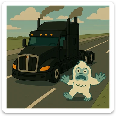 Place the small yeti (abominable snowman) on a highway in front of the modern black Kenworth W680 flat top semi sleeper, top-down animated style, no text, with a visible road background. sticker