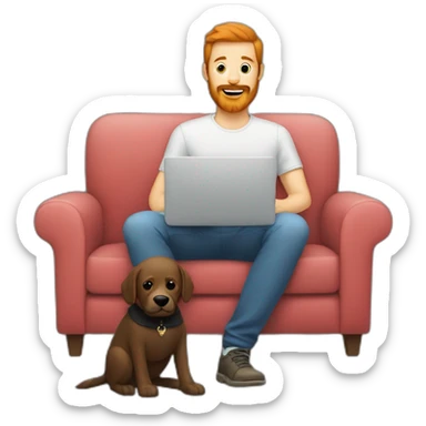 a man with a red beard sits working on a laptop on the sofa with a black Labrador sticker