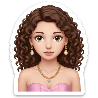 crée moi une jeune fille très belle avec les cheveux bouclés long brune avec un top  sans manche ni brettelles juste un 'bandeau' de couleur rose clair avec un peu de maquillage et des beauxcils un collier en or sticker