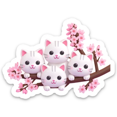 3D iOS emoji-style branch of cherry blossoms with adorable white cats peeking out, rounded shapes, shiny highlights, light pink background sticker