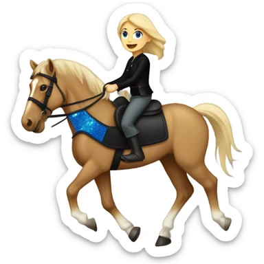  A Palomino horse running with a black sequin rug on his back and a whit rider girl brown hair blue eyes on his back without a helmet dressed in black pants and a vest   sticker
