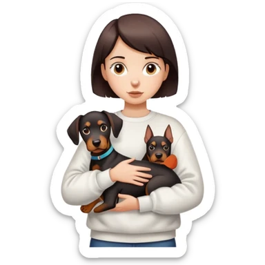 A short-haired girl in a white sweatshirt is holding a big Doberman dog sticker