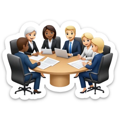 business executives sitting around a conference table with papers and laptops sticker