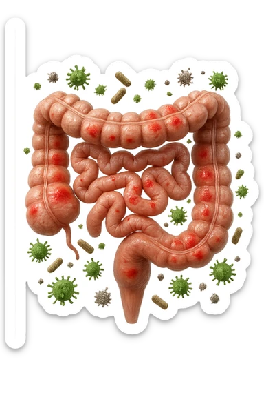 intestino anatomico realistico con red spot di infiammazione CON VARIE PARTICELLE TOSSICHE CHE CERCANO DI ATTACCARLO, IPERREALISTICO 4K sticker