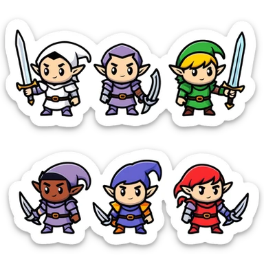 Lineage 2 character group with Human knight, Elf archer, Dwarf fighter, and Dark Elf mage sticker