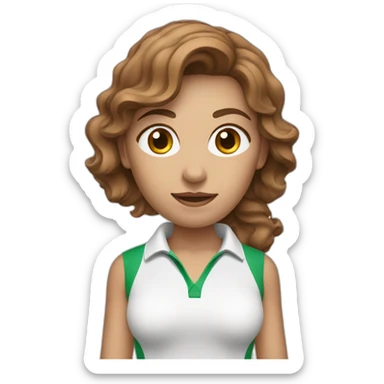 female with brown wavy hair dressed in golfwear holding golf ball sticker