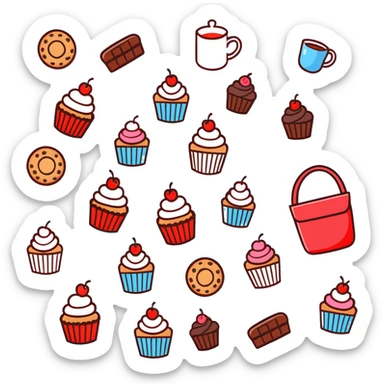 picnic with cupcakes, cookies and tea on a red and white checkered blanket sticker